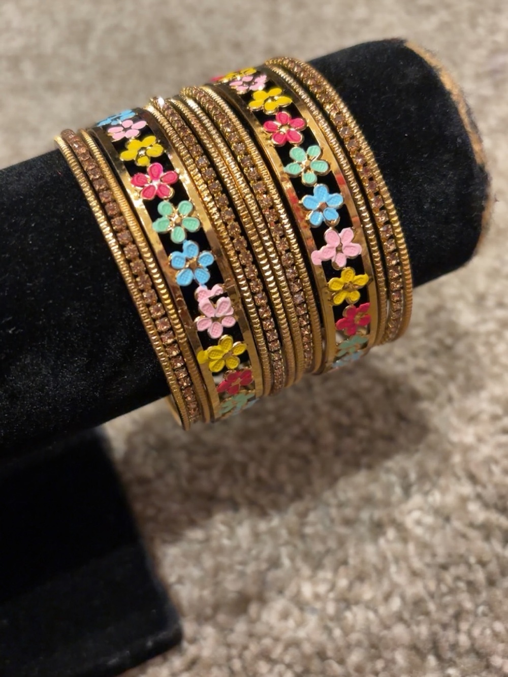 Gold Floral Enamel Bangle Set - Black with Pink, Blue, Yellow & Mint Flowers